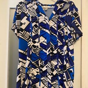 Dressbarn Blue and Black Graphic Short Sleeve Blouse